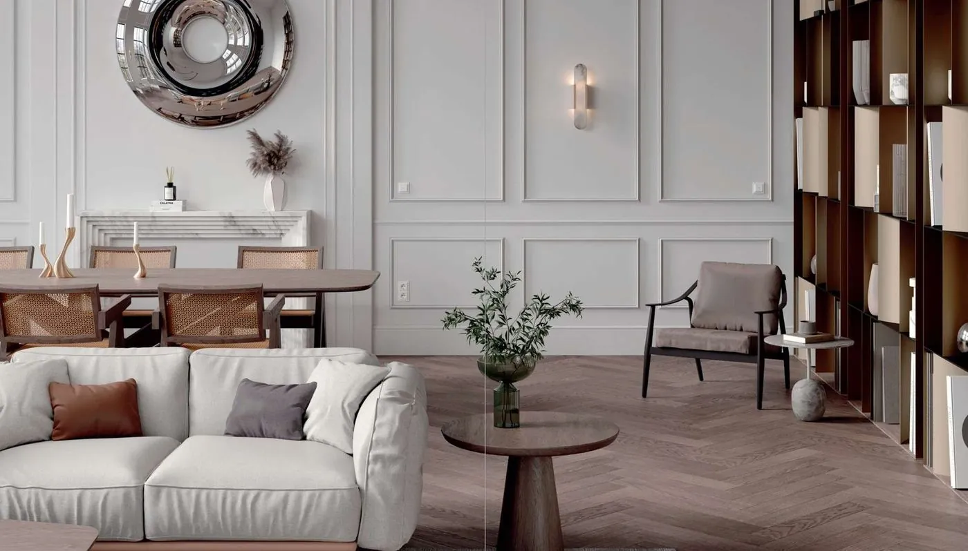 Phòng khách trắng cổ điển với sofa và tủ gỗ